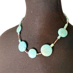 Turquoise Silver Toned Bead Necklace Magnetic Clasp Closure Boho Navajo Style